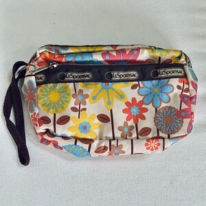 LeSportsac Wristlet Daisy Hippy Boho Flowers Double Zipper Brown Trim